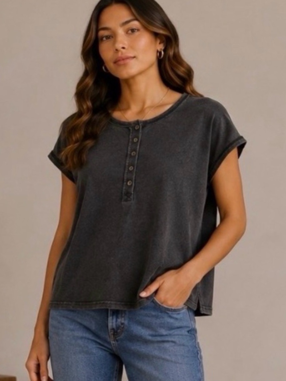 Double Zero Charcoal Short-Sleeve Button Henley Tee